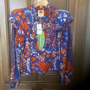 Farm Rio Long Sleeve Pineapple Flowers Ruffled Navy Blue Blouse
